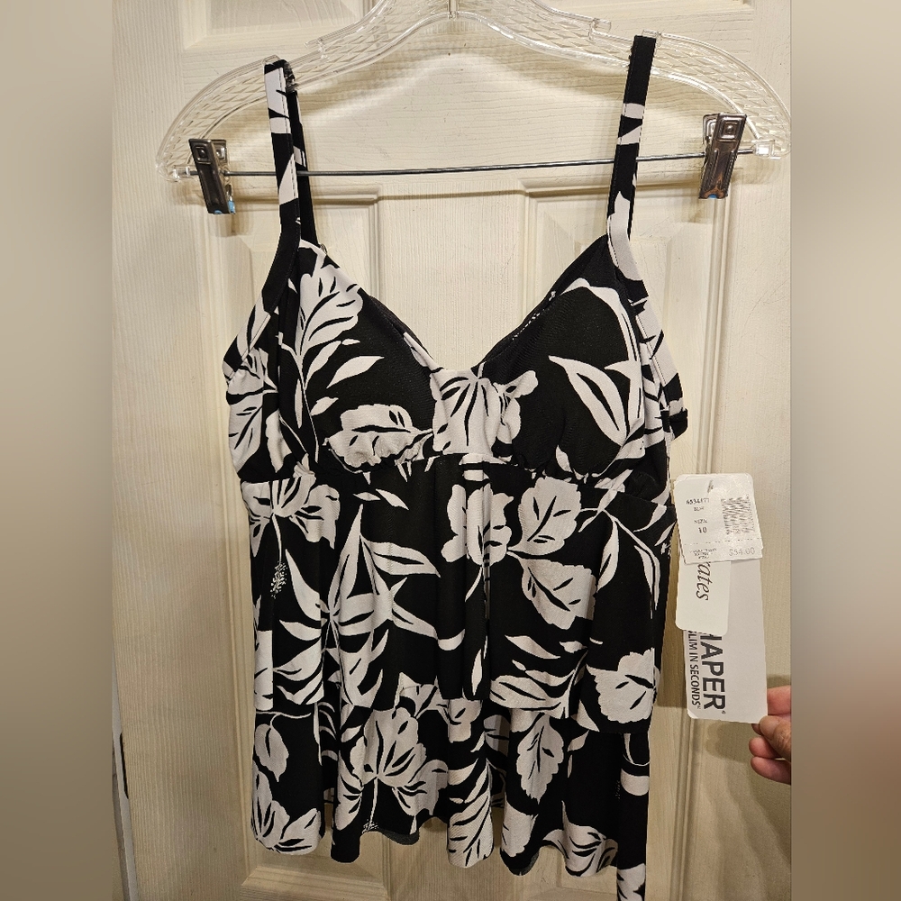 Trimshaper black white floral tankini bathing suit top swimsuit swimwear 10 NEW
